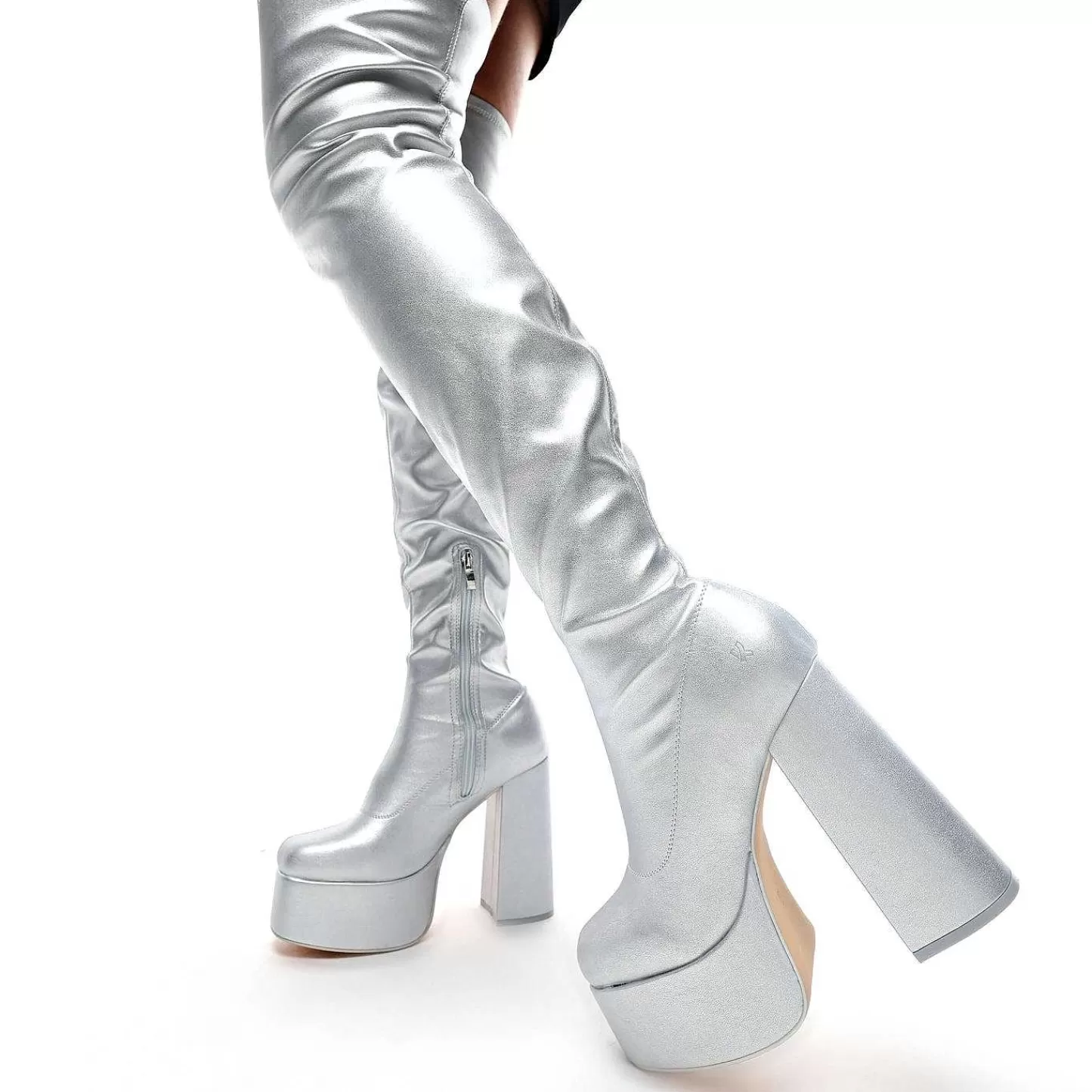 New Kozaki Za Kolano The Redemption Plus Size - Srebrne Damskie Buty Platformowe