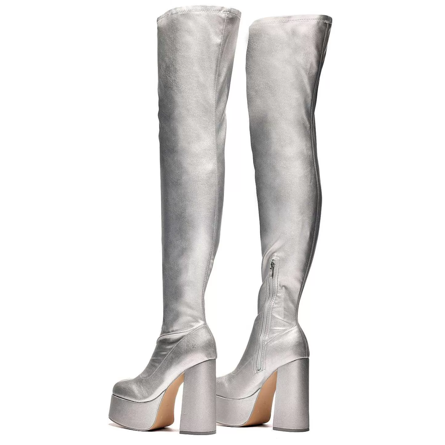 New Kozaki Za Kolano The Redemption Plus Size - Srebrne Damskie Buty Platformowe